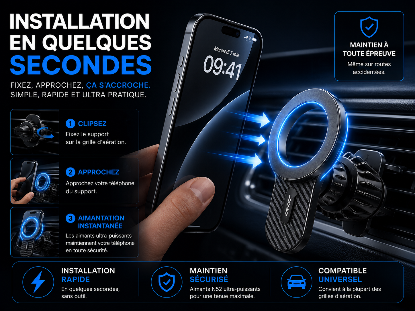 MagGrip™ Pro – Support Téléphone Magnétique 360° pour Voiture